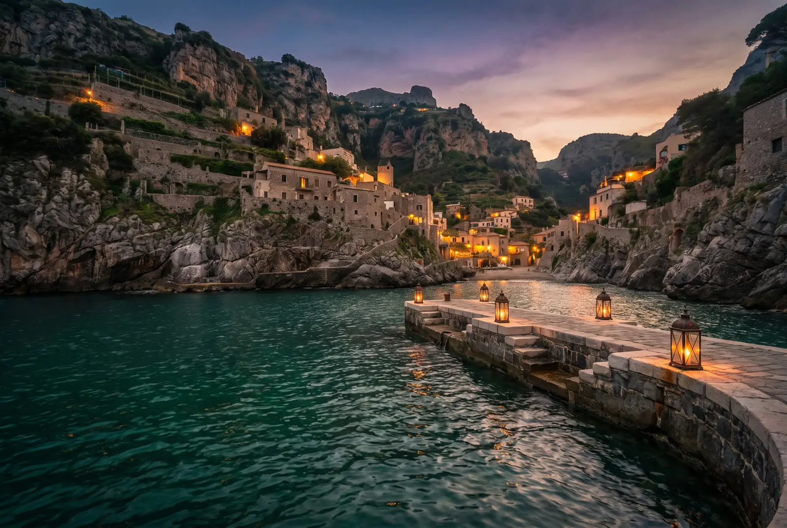 Enseada mediterrânea ao anoitecer com vila iluminada nas falésias