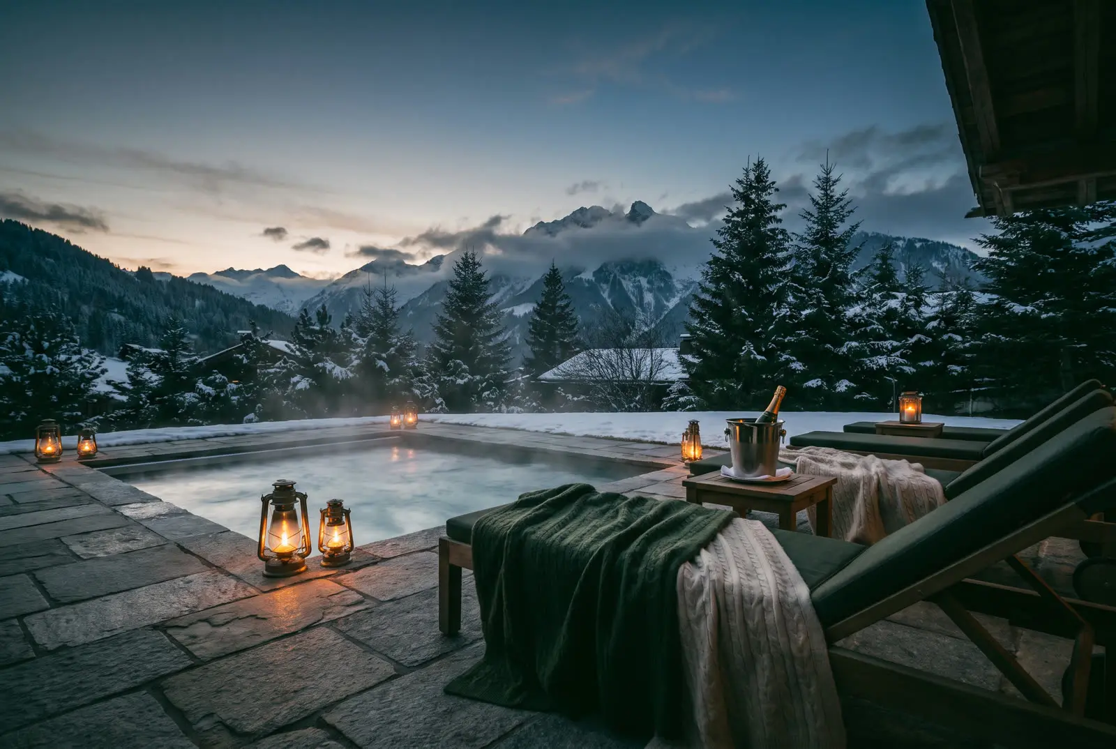 Terraço de chalé alpino com piscina aquecida ao entardecer na neve