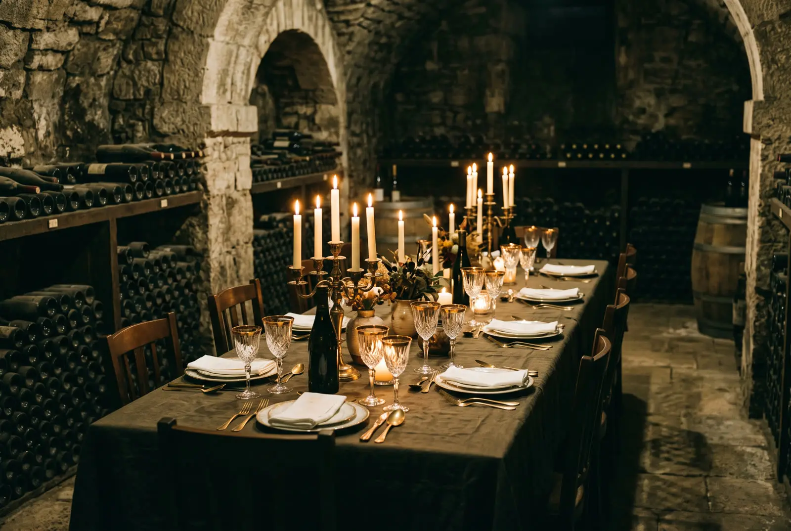Mesa de jantar à luz de velas em adega de pedra centenária